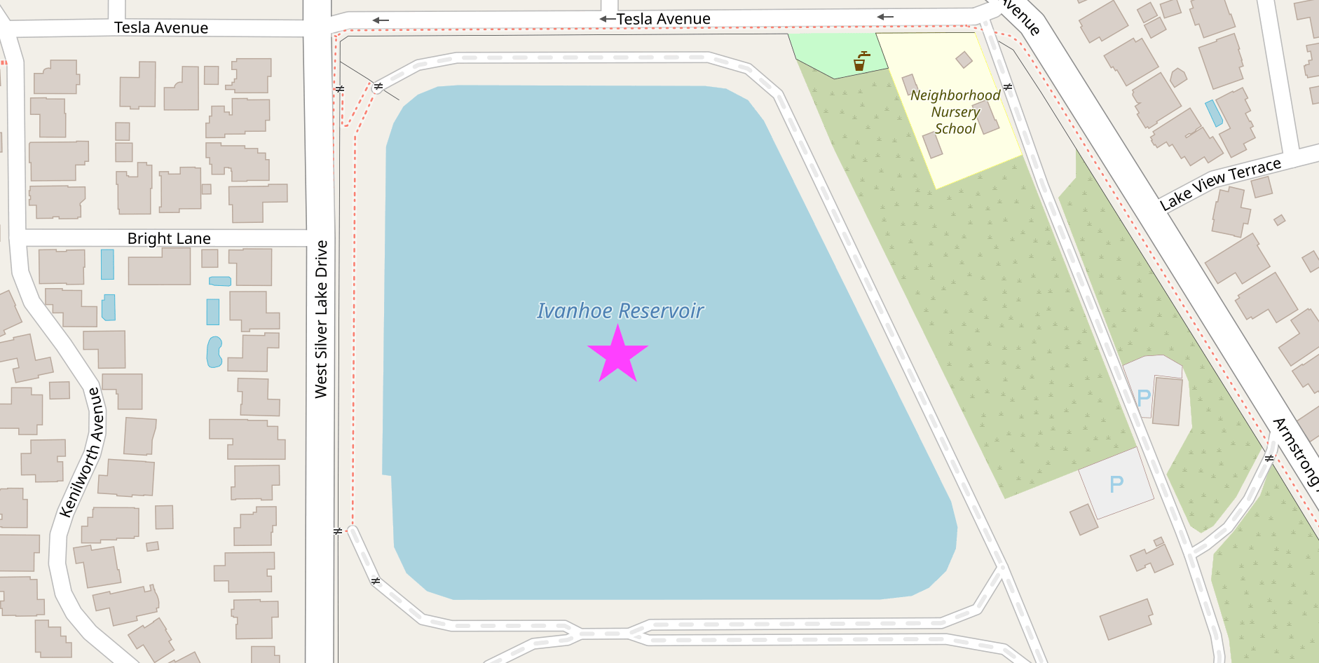 Point in the center of the Ivanhoe reservoir in Los Angeles