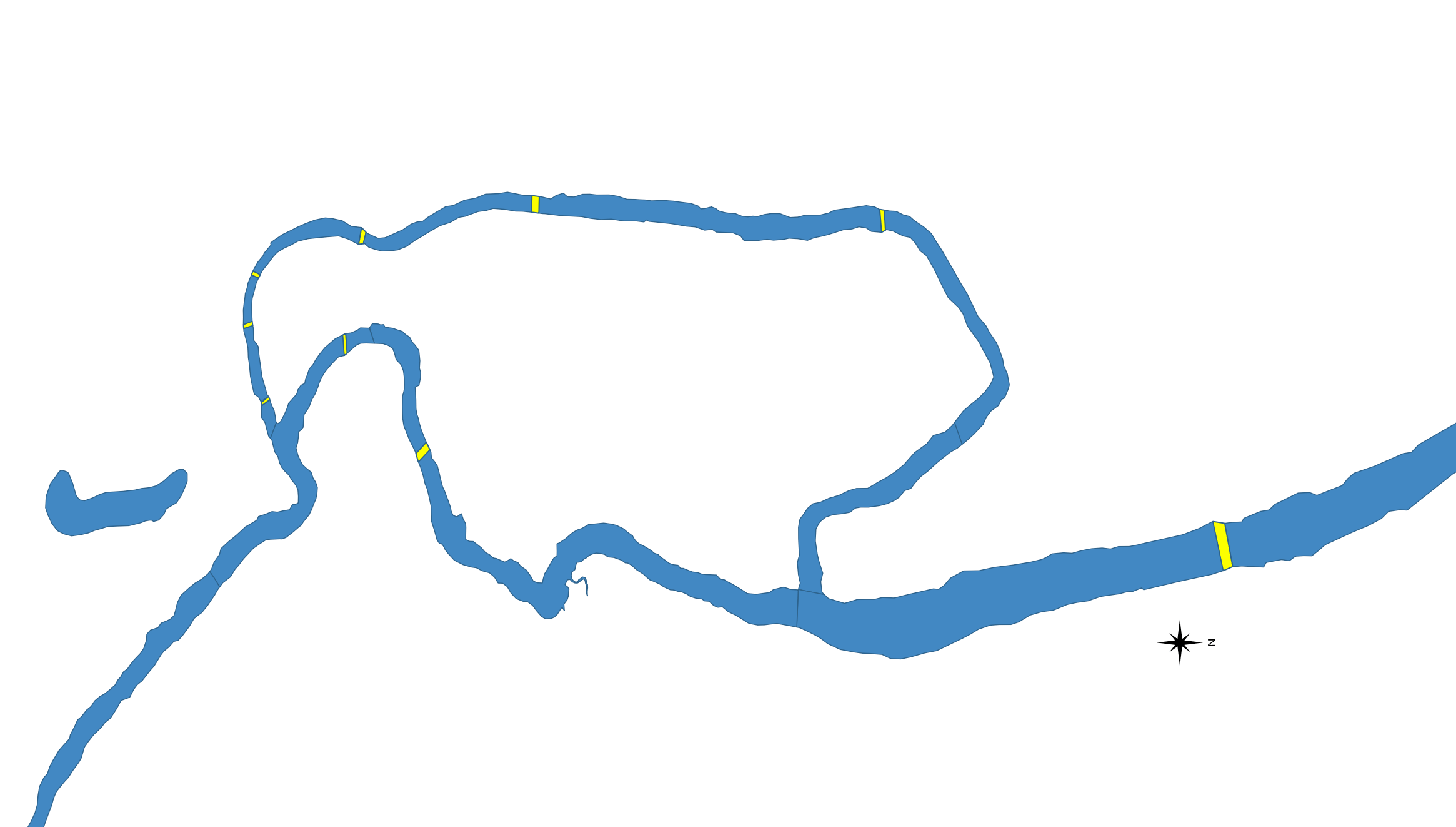 Zoomed in segment of a winding waterway, with one narrow segment highlighted