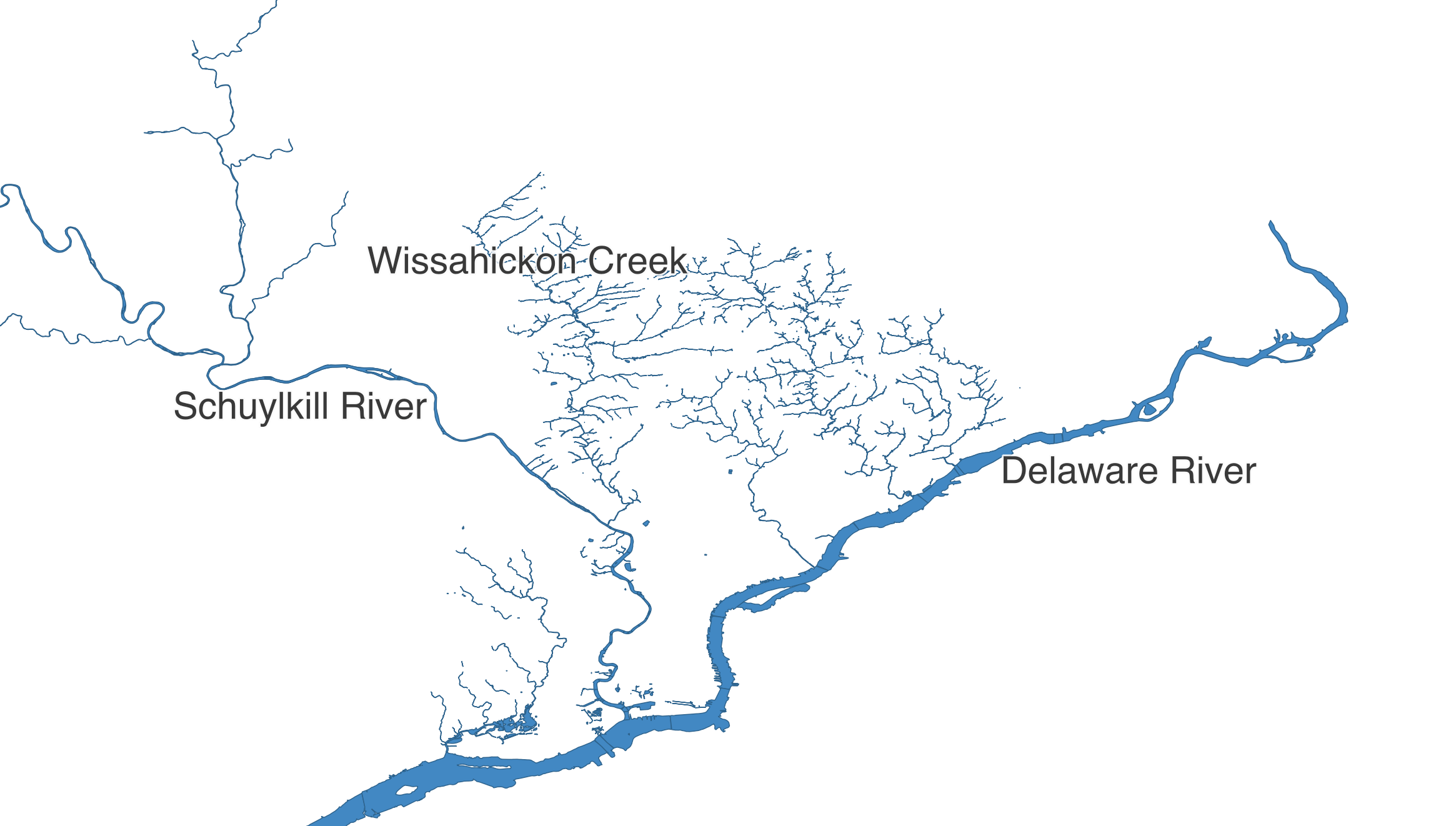 The many rivers of Philadelphia again, but with labels this time; the Delaware on the east, and the Schuylkill from the northwest
